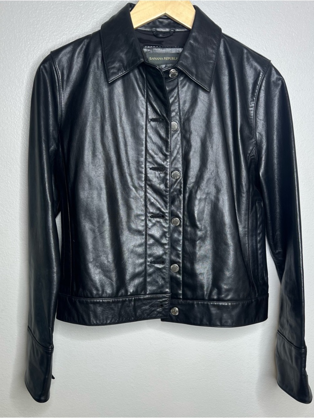Vintage Banana Republic Black Leather Button Jacket Spread Collar Short Women M